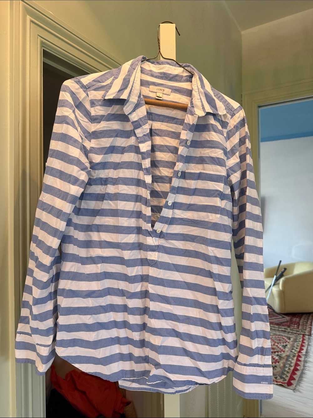 J. Crew Women's Light Blue and White Striped Button-Down Shirt